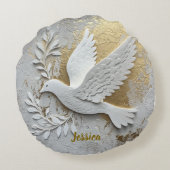 Elegant White Dove with Gold Customizable Name  ラウンドクッション (裏面)