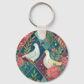 Elegant White Doves Pink Floral & Gold Geometric キーホルダー (正面)