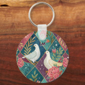 Elegant White Doves Pink Floral & Gold Geometric キーホルダー (正面)