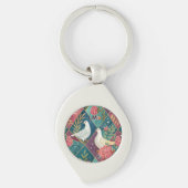 Elegant White Doves Pink Floral & Gold Geometric キーホルダー (正面)