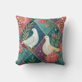Elegant White Doves Pink Floral & Gold Geometric クッション (正面)