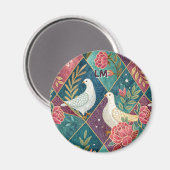 Elegant White Doves Pink Floral & Gold Geometric マグネット (正面/裏面)