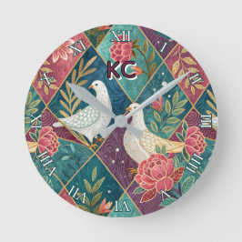 Elegant White Doves Pink Floral & Gold Geometric ラウンド壁時計