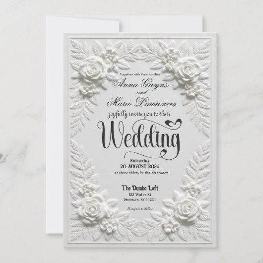 Elegant White Faux Embossed Bas-Relief Wedding  招待状 (正面)