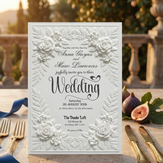 Elegant White Faux Embossed Bas-Relief Wedding  招待状