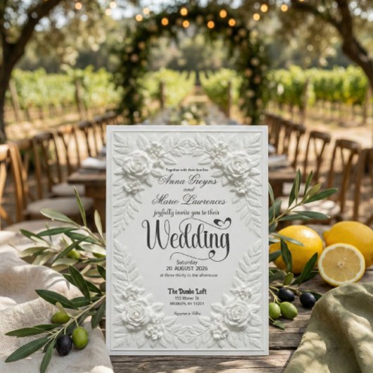 Elegant White Faux Embossed Bas-Relief Wedding  招待状