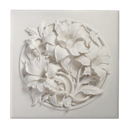 Elegant White Faux Relief Flowers タイル