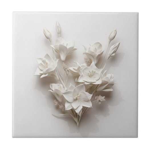 Elegant White Faux Relief Flowers タイル (正面)