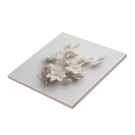 Elegant White Faux Relief Flowers タイル (側面)