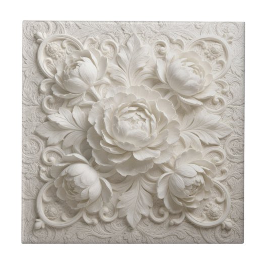 Elegant White Faux Relief Flowers タイル (正面)