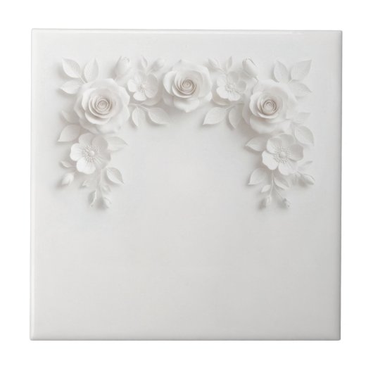 Elegant White Faux Relief Roses タイル (正面)