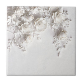 Elegant White Faux Relief Roses タイル