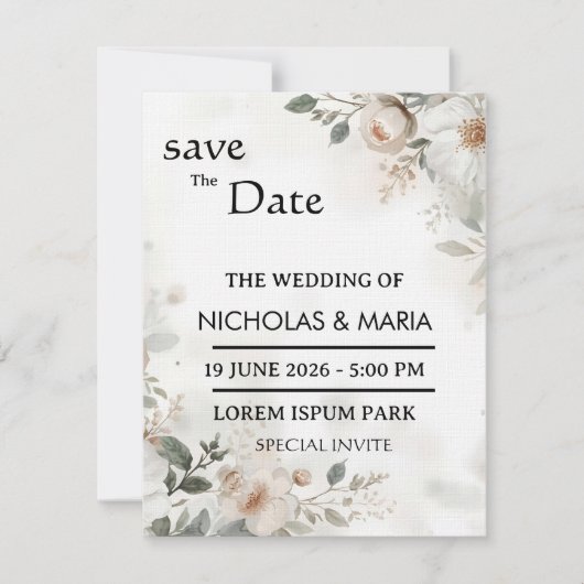 Elegant  White Flora Watercolor Wedding Invitation 招待状 (正面)