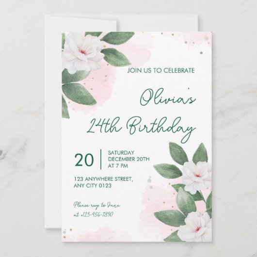 Elegant White Floral 24th Birthday Invitation 招待状 (正面)
