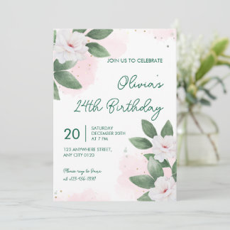 Elegant White Floral 24th Birthday Invitation 招待状