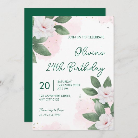 Elegant White Floral 24th Birthday Invitation 招待状 (正面/裏面)