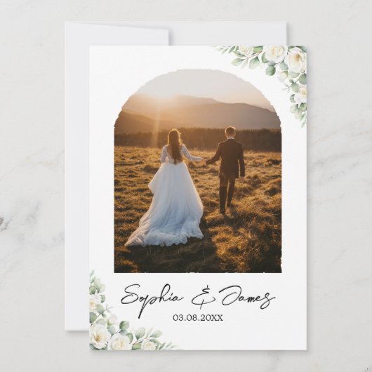 Elegant White Floral Arch Wedding Invitation with  招待状 (裏面)