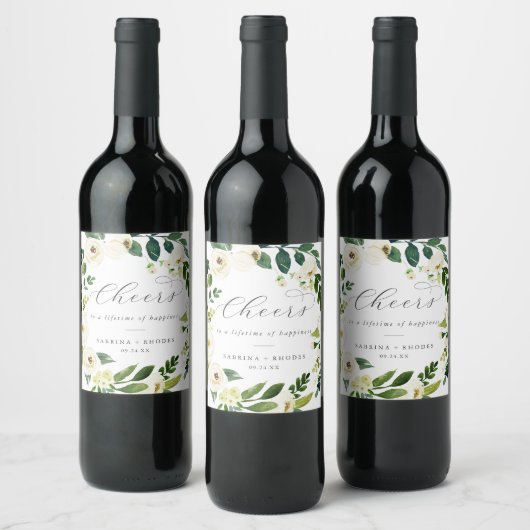 Elegant White Floral Cheers Wedding Wine Labels ワインラベル (ボトル)