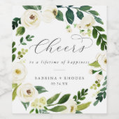 Elegant White Floral Cheers Wedding Wine Labels ワインラベル (シングルラベル)