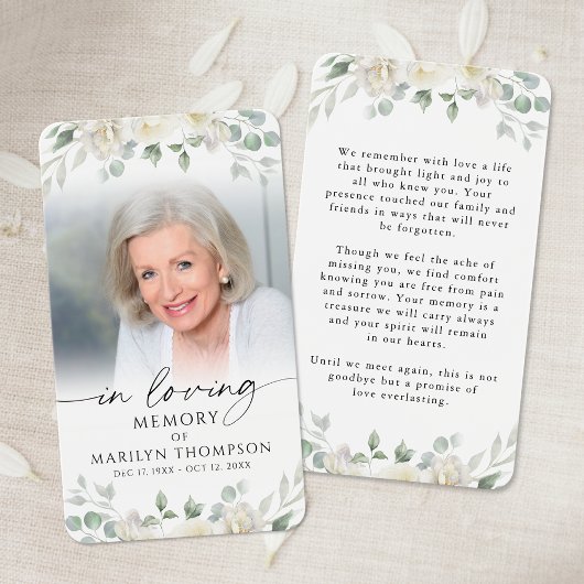 Elegant White Floral Cross Photo Prayer Card