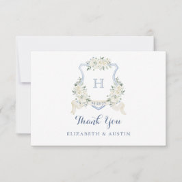 Elegant White Floral Dusty Blue Wedding Crest サンキューカード