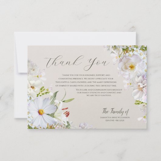 Elegant White Floral Funeral Thank You Card サンキューカード (正面)