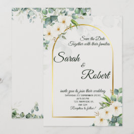 Elegant White Floral Gold Arch Wedding Invitation 招待状