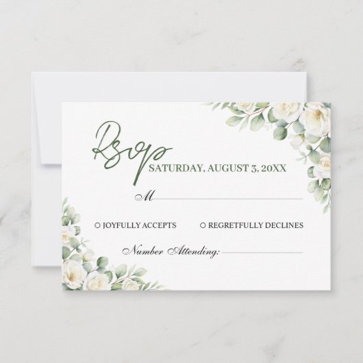 Elegant White Floral Greenery Wedding RSVP Card (正面)