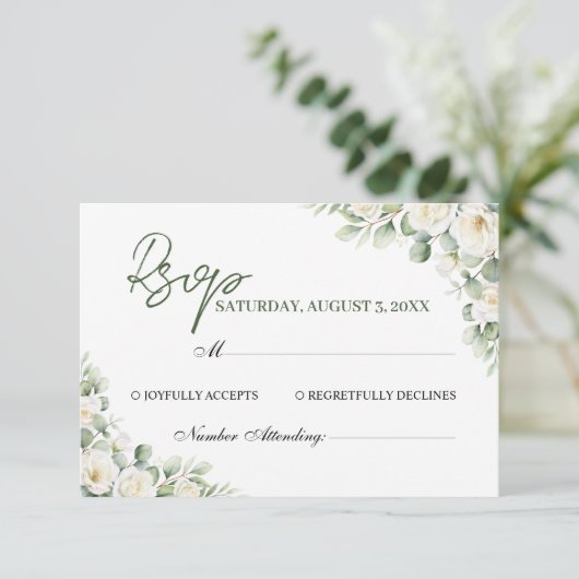 Elegant White Floral Greenery Wedding RSVP Card (スタンド正面)