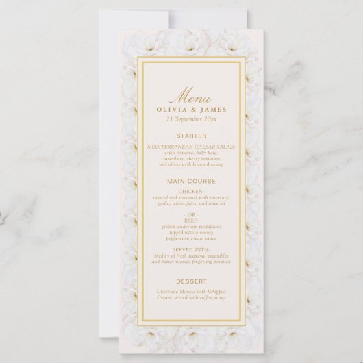 Elegant White Floral Ivory Gold Border Menu (正面)