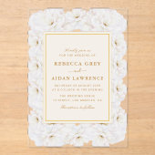 Elegant White Floral Ivory Gold Border Wedding アクリル招待状 (正面)