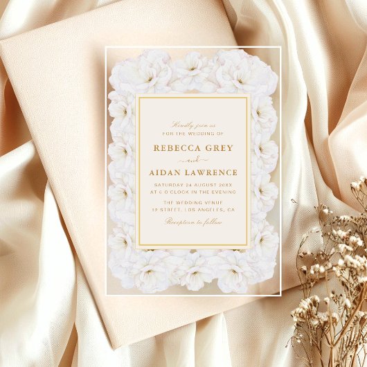 Elegant White Floral Ivory Gold Border Wedding アクリル招待状