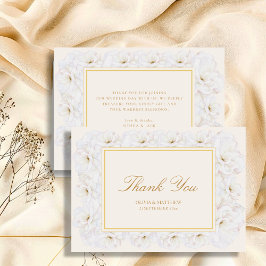 Elegant White Floral Ivory Gold Border Wedding サンキューカード