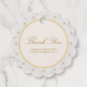 Elegant White Floral Ivory Gold Border Wedding フェイバータグ (正面)
