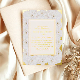 Elegant White Floral Ivory Gold Border Wedding 箔招待状