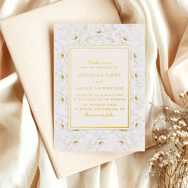 Elegant White Floral Ivory Gold Border Wedding 箔招待状