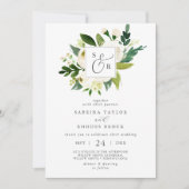 Elegant White Floral Monogram Wedding 招待状 (正面)
