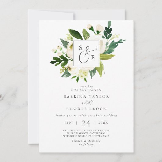 Elegant White Floral Monogram Wedding 招待状 (正面)