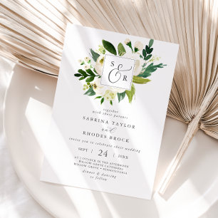 Elegant White Floral Monogram Wedding 招待状