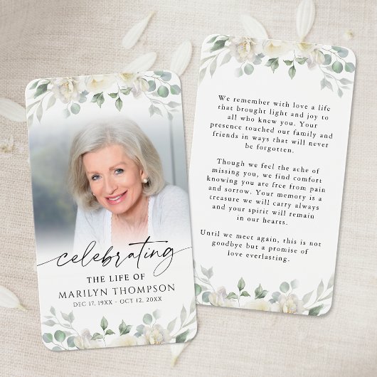 Elegant White Floral Photo Memorial Prayer Card