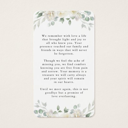 Elegant White Floral Photo Prayer Card (裏面)