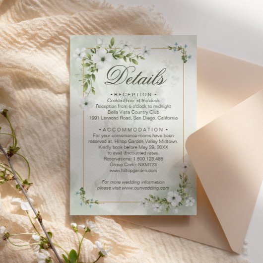 Elegant White Floral Wedding Details Card エンクロージャーカード
