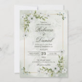 Elegant White Floral Wedding Greenery Gold Frame 招待状 (正面)