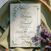Elegant White Floral Wedding Greenery Gold Frame 招待状