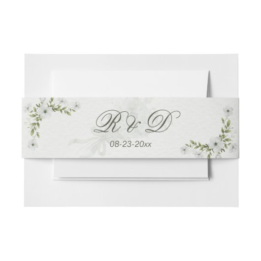 Elegant White Floral Wedding Invitation Belly Band 招待状ベリーバンド (正面例)