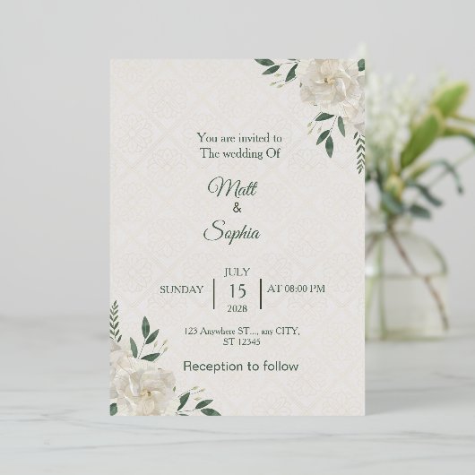 Elegant White Floral Wedding Invitation card 箔招待状 (立ち正面)