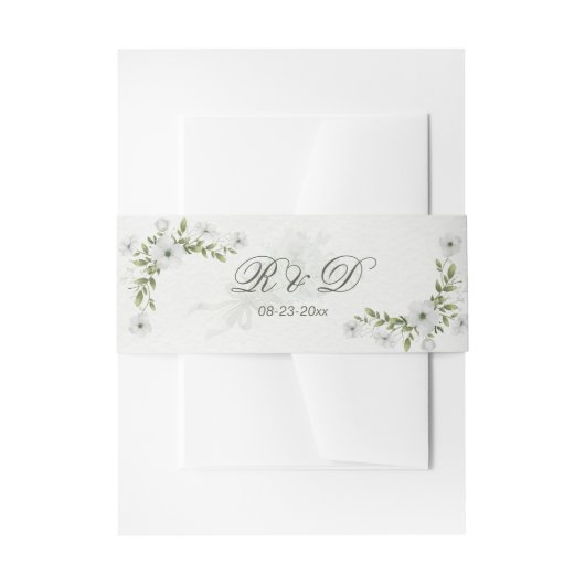 Elegant White Floral Wedding Monogram 招待状ベリーバンド (正面例)