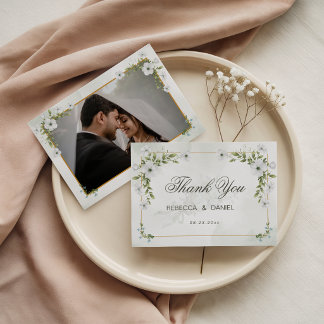 Elegant White Floral Wedding Photo Thank You Card サンキューカード