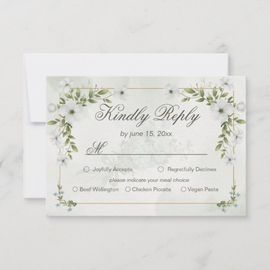 Elegant White Floral Wedding RSVP Card Greenery (正面)