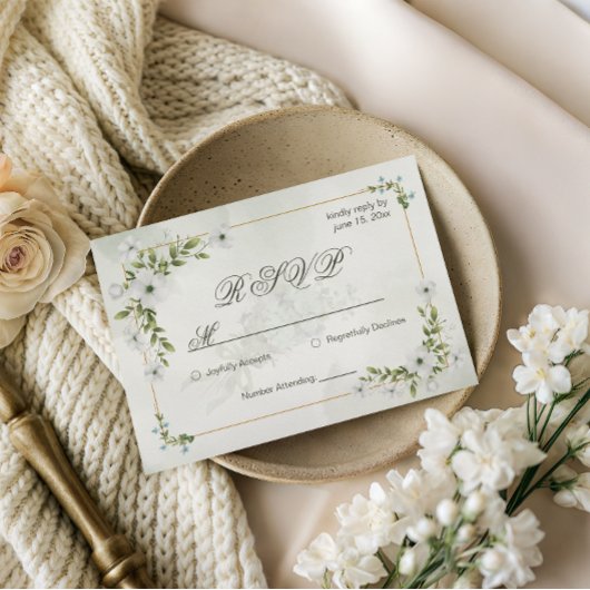 Elegant White Floral Wedding RSVP Card Guest Count